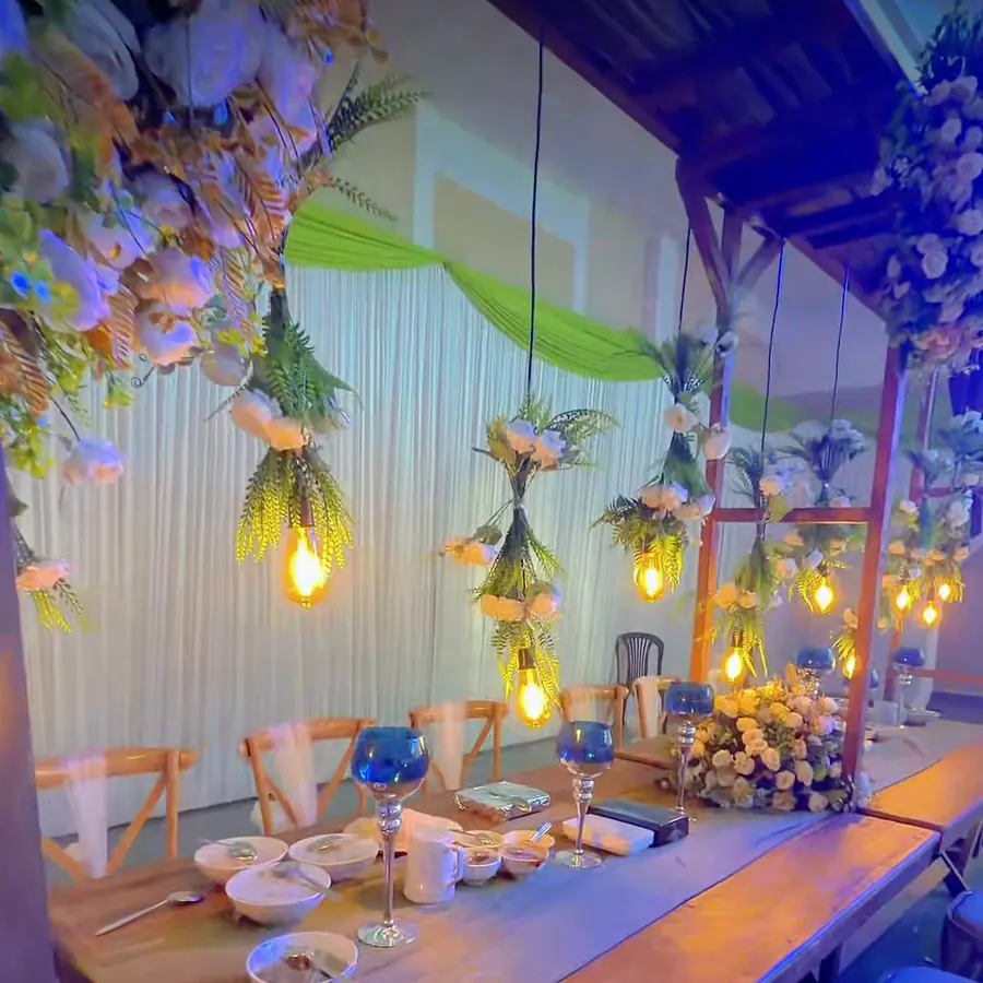 Dinner under hanging lights